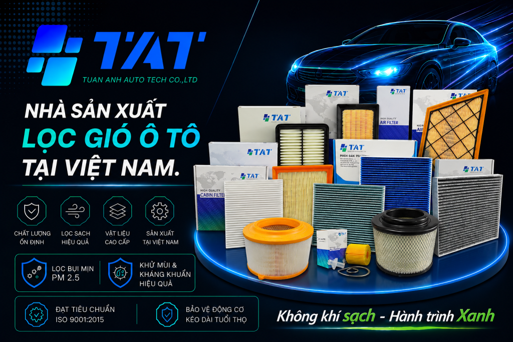 TAT car air filter advertisement showing a blue car on the right and a variety of filter boxes and cylindrical filters on a glowing circular platform on the left-side banner.