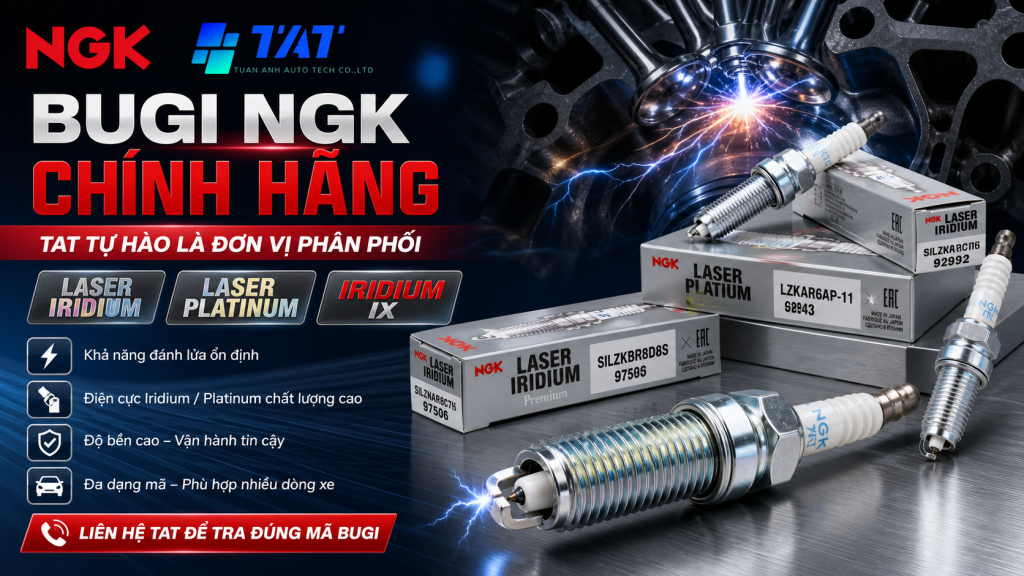 Hero banner showing NGK spark plugs and boxes against an engine layout with Vietnamese text promoting genuine NGK.