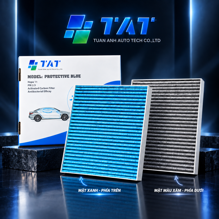 Automotive air filters display: blue pleated filter in front with gray filter behind; packaging box shows 'MODEL: PROTECTIVE BLUE' and car graphic; brand TUAN ANH AUTO.